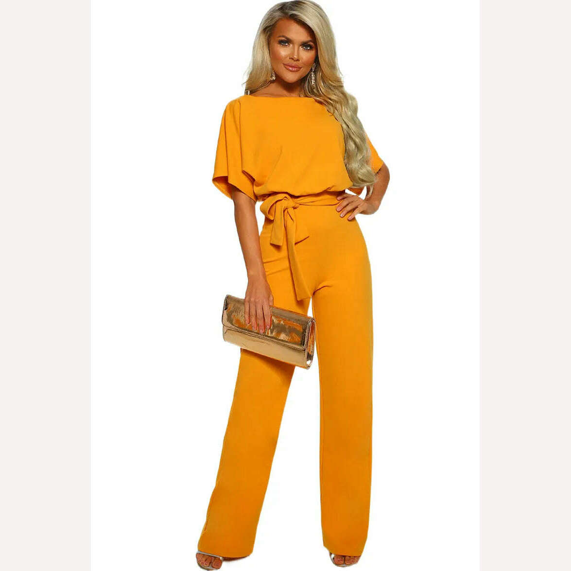 Women Jumpsuit Elegant Short Sleeve Hollowed Waist Tie Solid Summer Wide Leg Pants Bodysuit Overalls Wide Leg Cropped Pants - KIMLUD