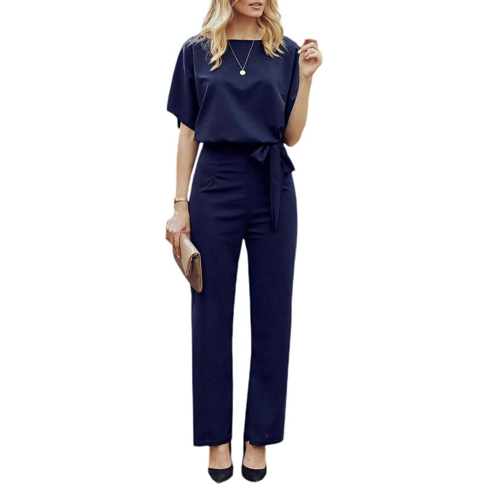 KIMLUD, Women Jumpsuit Elegant Short Sleeve Hollowed Waist Tie Solid Summer Wide Leg Pants Bodysuit Overalls Wide Leg Cropped Pants, DEEP BLUE / M, KIMLUD APPAREL - Womens Clothes