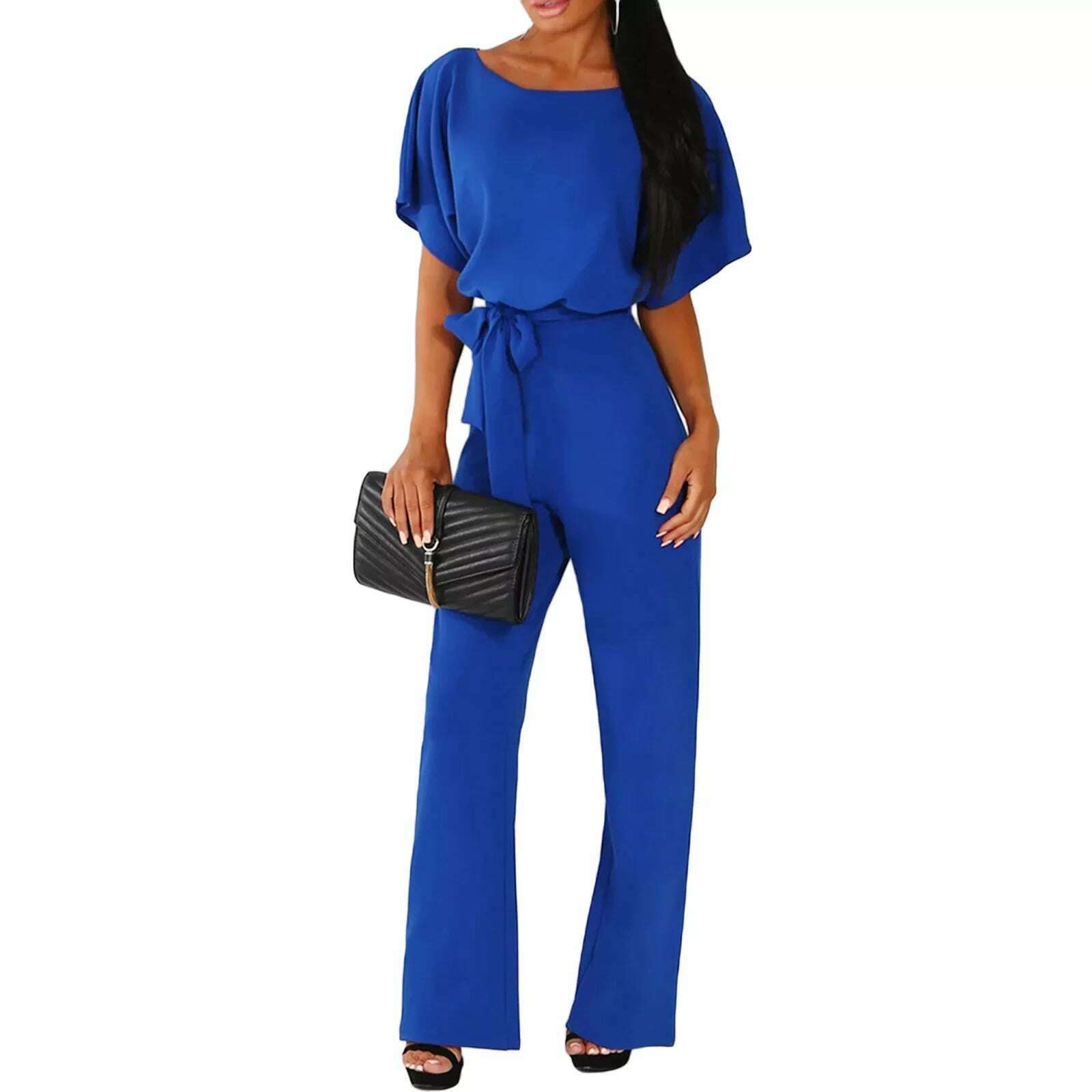 KIMLUD, Women Jumpsuit Elegant Short Sleeve Hollowed Waist Tie Solid Summer Wide Leg Pants Bodysuit Overalls Wide Leg Cropped Pants, royal blue / L, KIMLUD APPAREL - Womens Clothes