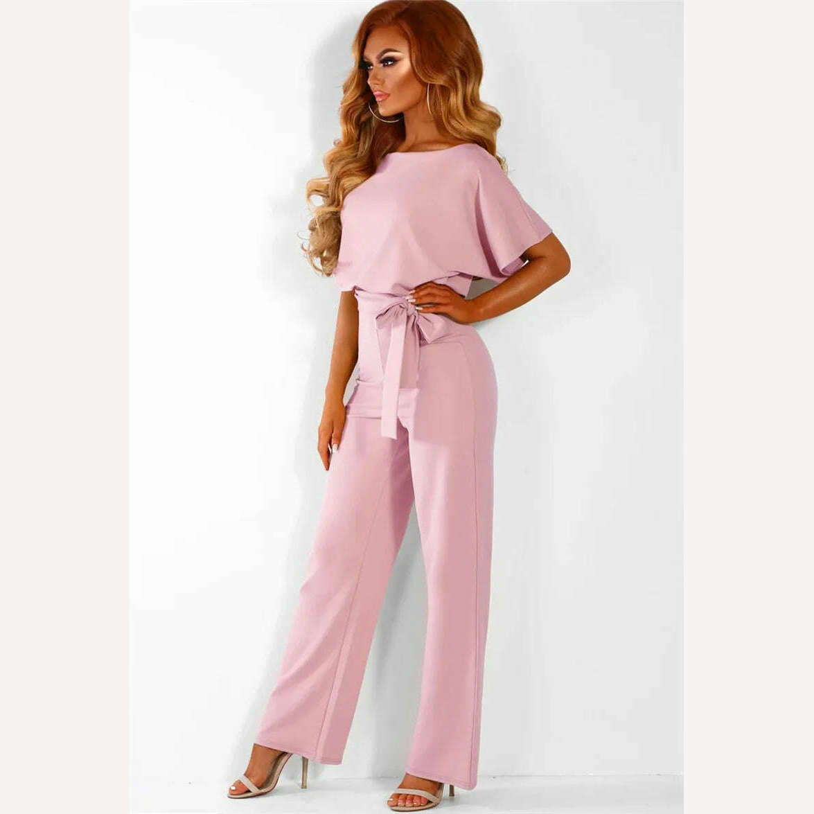 Women Jumpsuit Elegant Short Sleeve Hollowed Waist Tie Solid Summer Wide Leg Pants Bodysuit Overalls Wide Leg Cropped Pants - KIMLUD