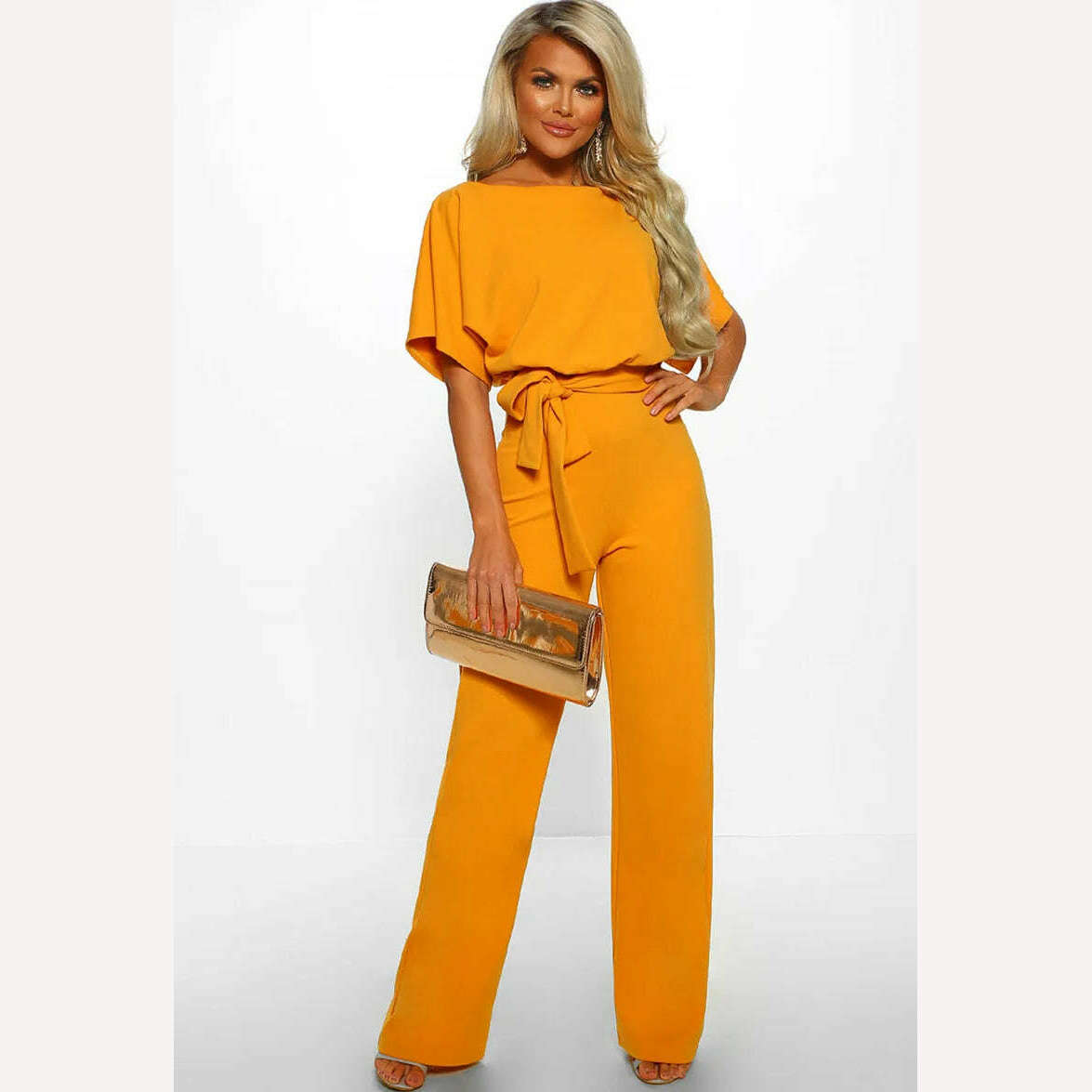 Women Jumpsuit Elegant Short Sleeve Hollowed Waist Tie Solid Summer Wide Leg Pants Bodysuit Overalls Wide Leg Cropped Pants - KIMLUD