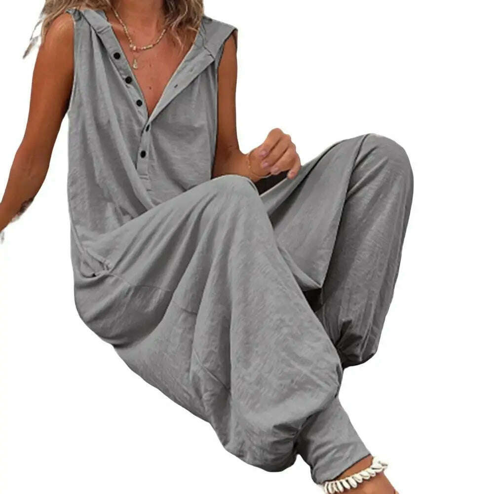 KIMLUD, Women Jumpsuit Sleeveless Button Closure Hooded Playsuit Solid Color Loose Summer Jumpsuit Cotton Blend Lady Hooded Jumpsuit, Grey / S, KIMLUD APPAREL - Womens Clothes