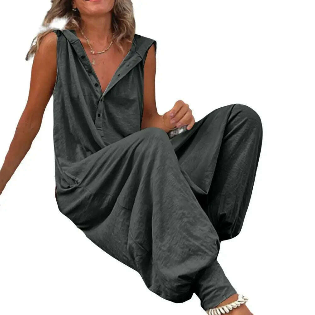 KIMLUD, Women Jumpsuit Sleeveless Button Closure Hooded Playsuit Solid Color Loose Summer Jumpsuit Cotton Blend Lady Hooded Jumpsuit, Dark Gray / L, KIMLUD APPAREL - Womens Clothes