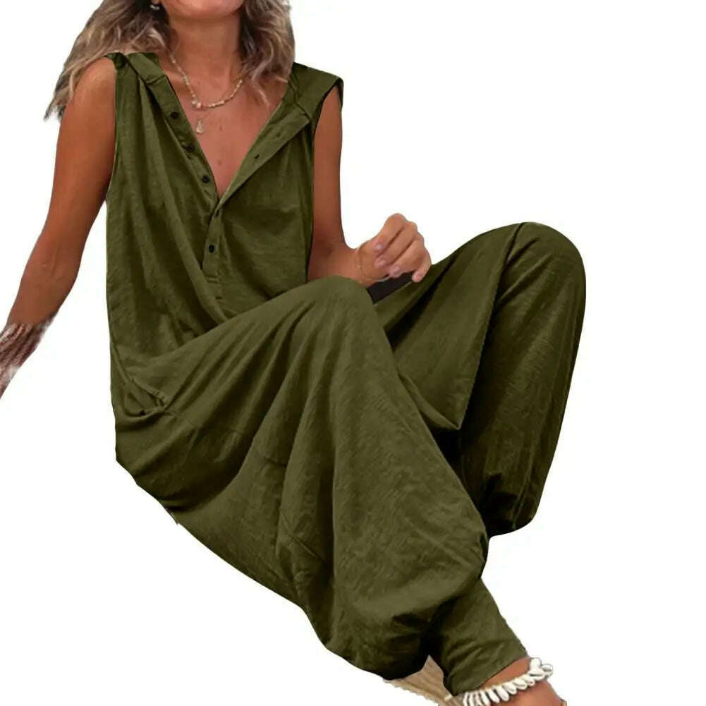 KIMLUD, Women Jumpsuit Sleeveless Button Closure Hooded Playsuit Solid Color Loose Summer Jumpsuit Cotton Blend Lady Hooded Jumpsuit, Army Green / M, KIMLUD APPAREL - Womens Clothes