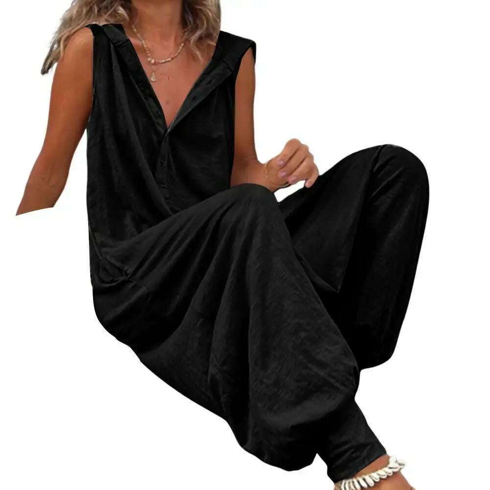 KIMLUD, Women Jumpsuit Sleeveless Button Closure Hooded Playsuit Solid Color Loose Summer Jumpsuit Cotton Blend Lady Hooded Jumpsuit, Black / M, KIMLUD APPAREL - Womens Clothes