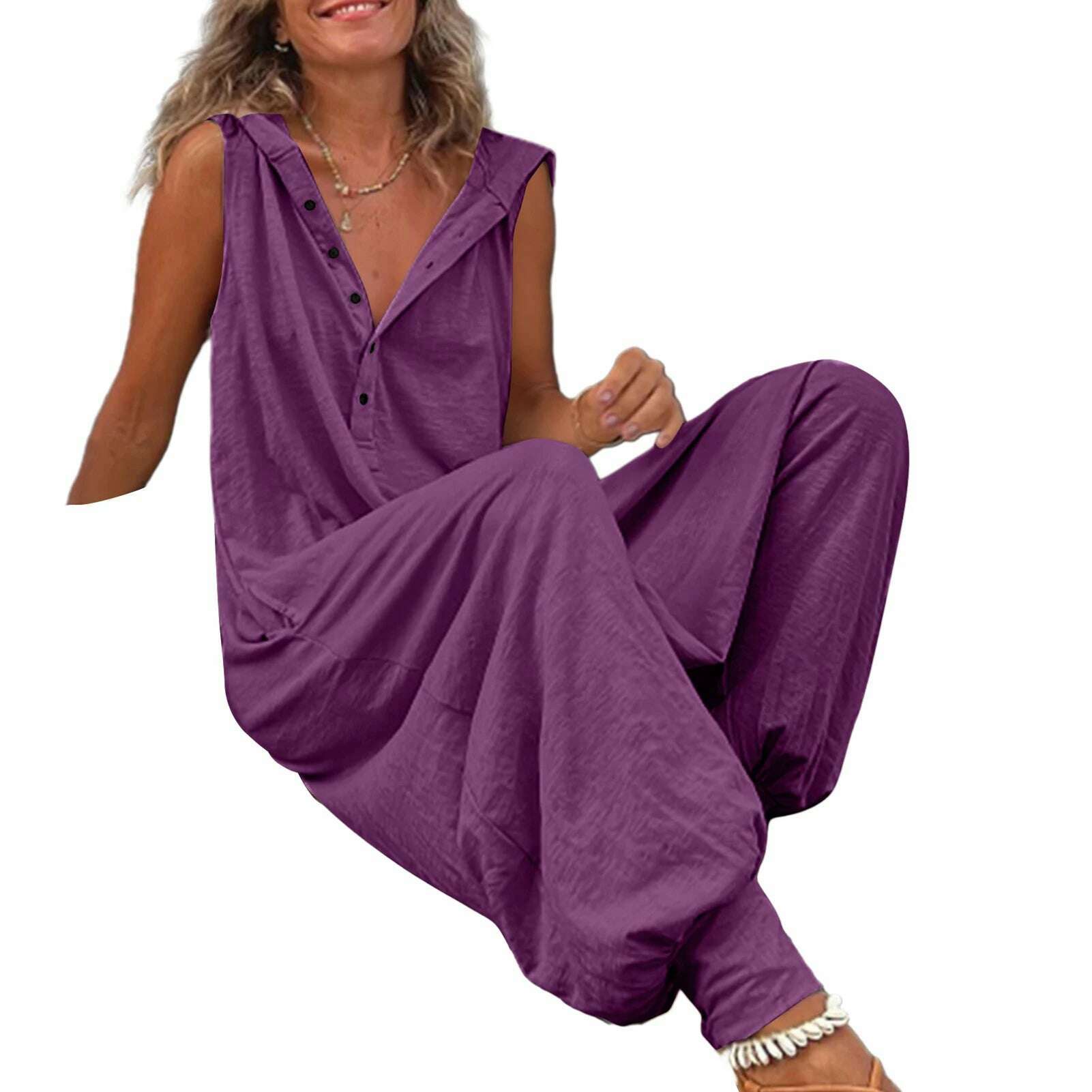 KIMLUD, Women Jumpsuit Sleeveless Button Closure Hooded Playsuit Solid Color Loose Summer Jumpsuit Cotton Blend Lady Hooded Jumpsuit, Purple / 2XL, KIMLUD APPAREL - Womens Clothes