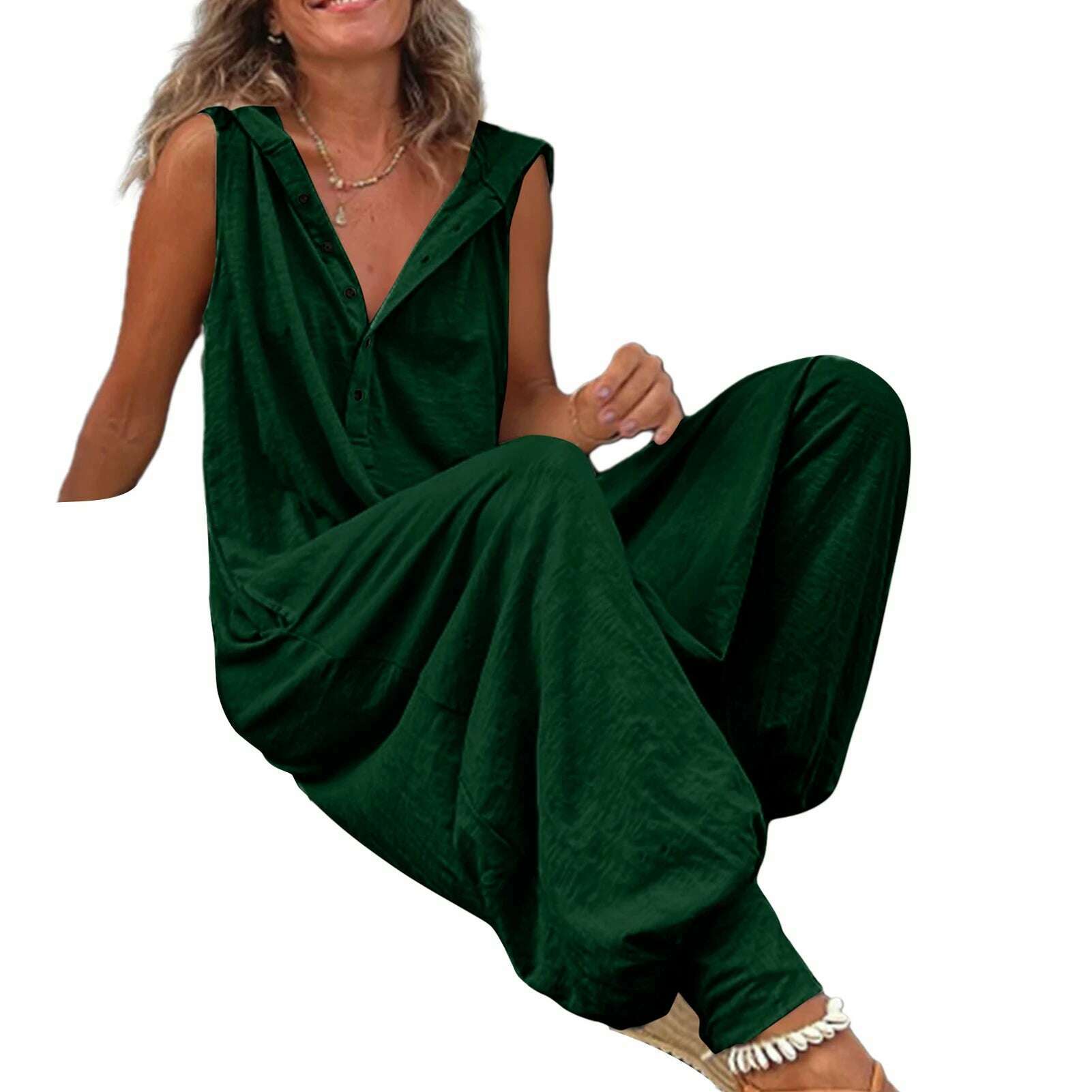 KIMLUD, Women Jumpsuit Sleeveless Button Closure Hooded Playsuit Solid Color Loose Summer Jumpsuit Cotton Blend Lady Hooded Jumpsuit, Green / 2XL, KIMLUD APPAREL - Womens Clothes