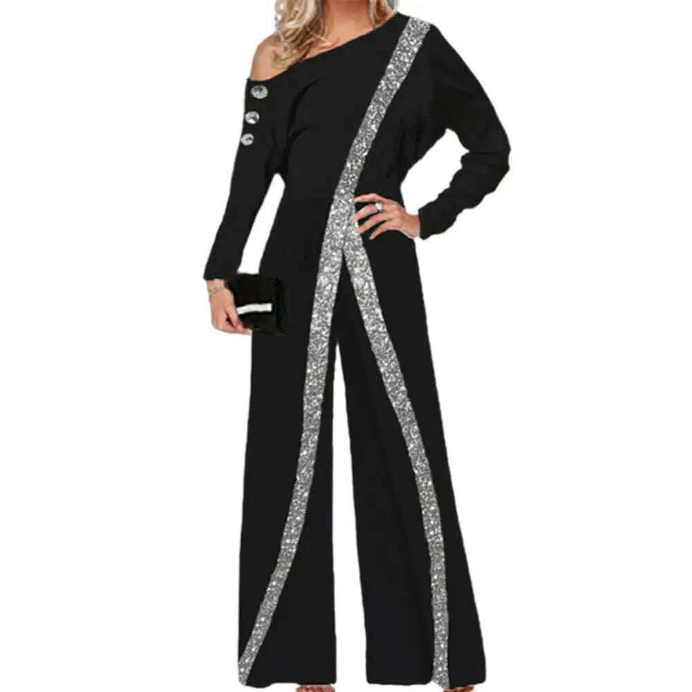 KIMLUD, Women Jumpsuit Striped Glitter Sequin Party Jumpsuit Elegant Strapless Romper Lady Spring Autumn Wide Leg Pants боди женское, Black / XL, KIMLUD APPAREL - Womens Clothes