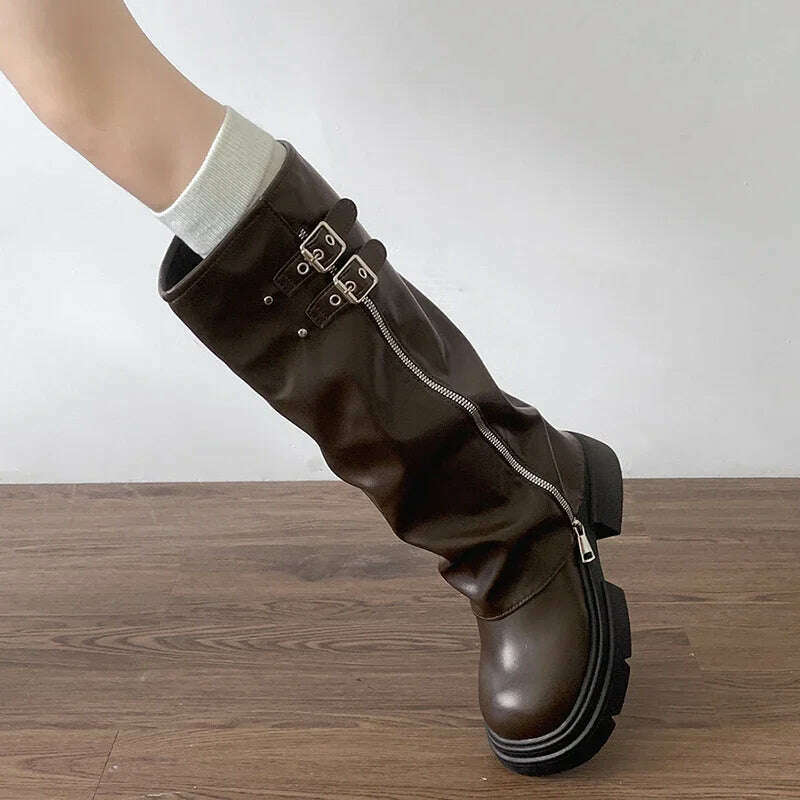 Women Knight Long Boots Fashion Elegant Belt Buckle Shoes Vintage Square Heels Women's Western Knee-High Booties - KIMLUD