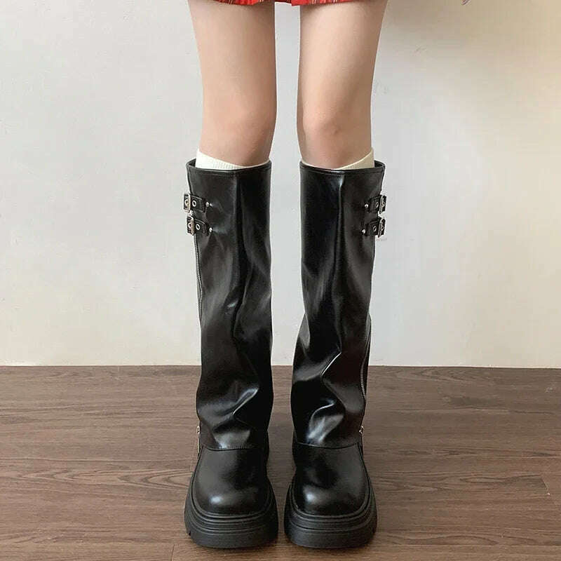 Women Knight Long Boots Fashion Elegant Belt Buckle Shoes Vintage Square Heels Women's Western Knee-High Booties - KIMLUD