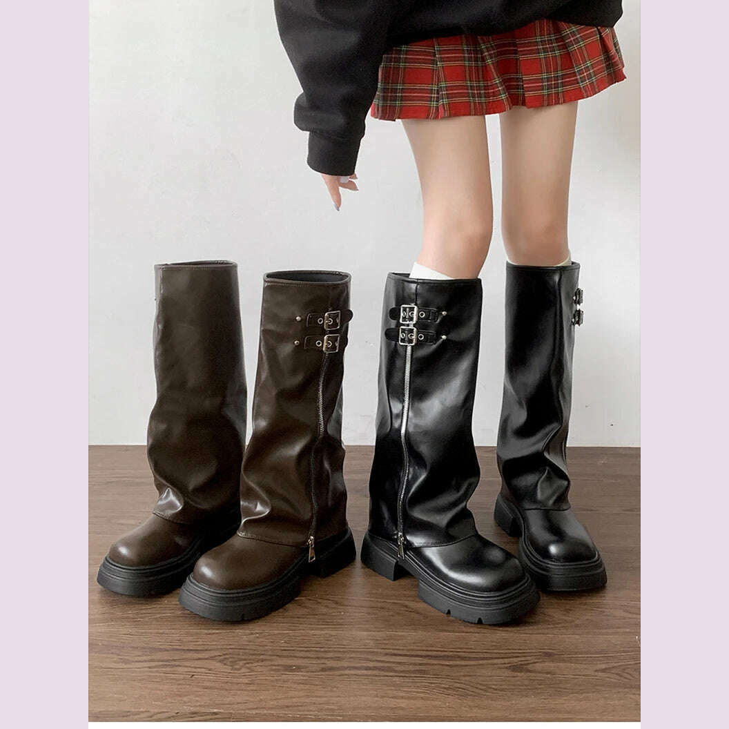 Women Knight Long Boots Fashion Elegant Belt Buckle Shoes Vintage Square Heels Women's Western Knee-High Booties - KIMLUD