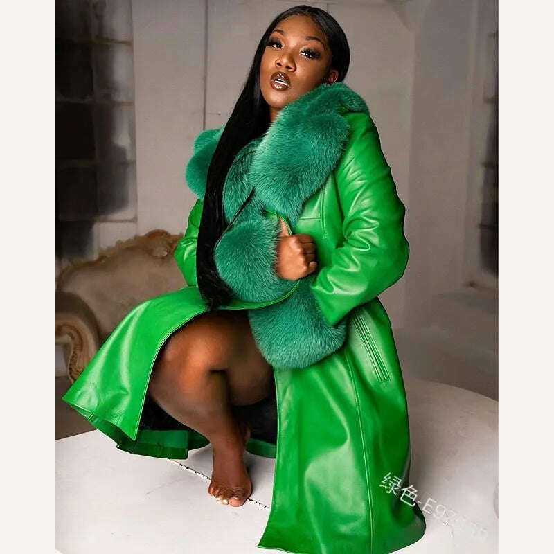 KIMLUD, Women Leather Coat Fur Collar Winter Fashion Lapel Long Sleeve PU Zipper Plus Size Casual Womens Jackets, green / S, KIMLUD APPAREL - Womens Clothes