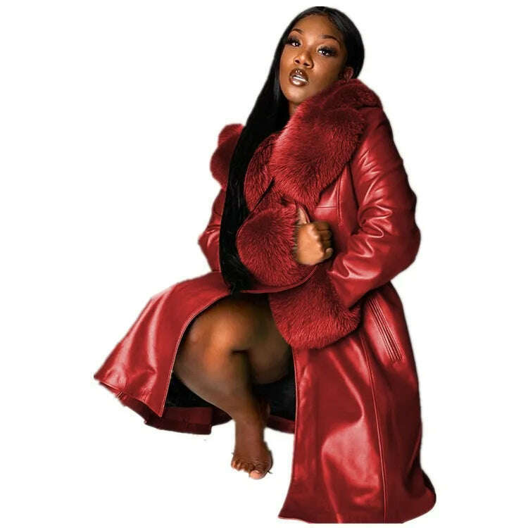 KIMLUD, Women Leather Coat Fur Collar Winter Fashion Lapel Long Sleeve PU Zipper Plus Size Casual Womens Jackets, Red / S, KIMLUD APPAREL - Womens Clothes