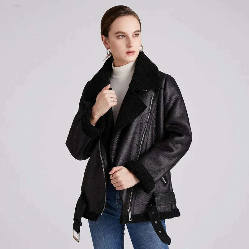 KIMLUD, Women Leather Jacket 2021 Winter Faux Shearling Sheepskin Coat Female Thick Warm Suede Lambs Short Motorcycle Black Coats, KIMLUD Womens Clothes