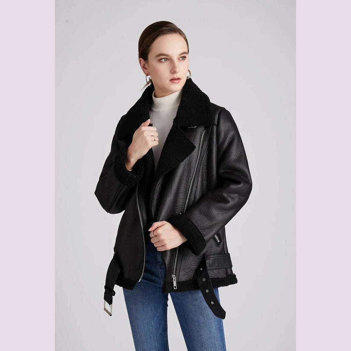 KIMLUD, Women Leather Jacket 2021 Winter Faux Shearling Sheepskin Coat Female Thick Warm Suede Lambs Short Motorcycle Black Coats, KIMLUD Womens Clothes