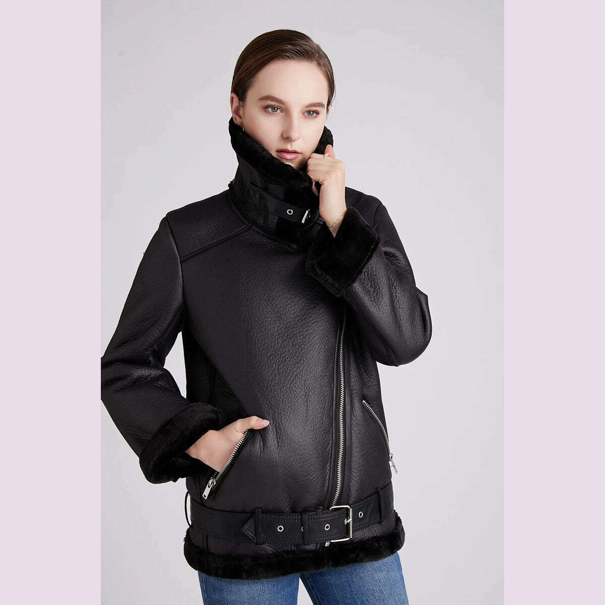 KIMLUD, Women Leather Jacket 2021 Winter Faux Shearling Sheepskin Coat Female Thick Warm Suede Lambs Short Motorcycle Black Coats, KIMLUD Womens Clothes