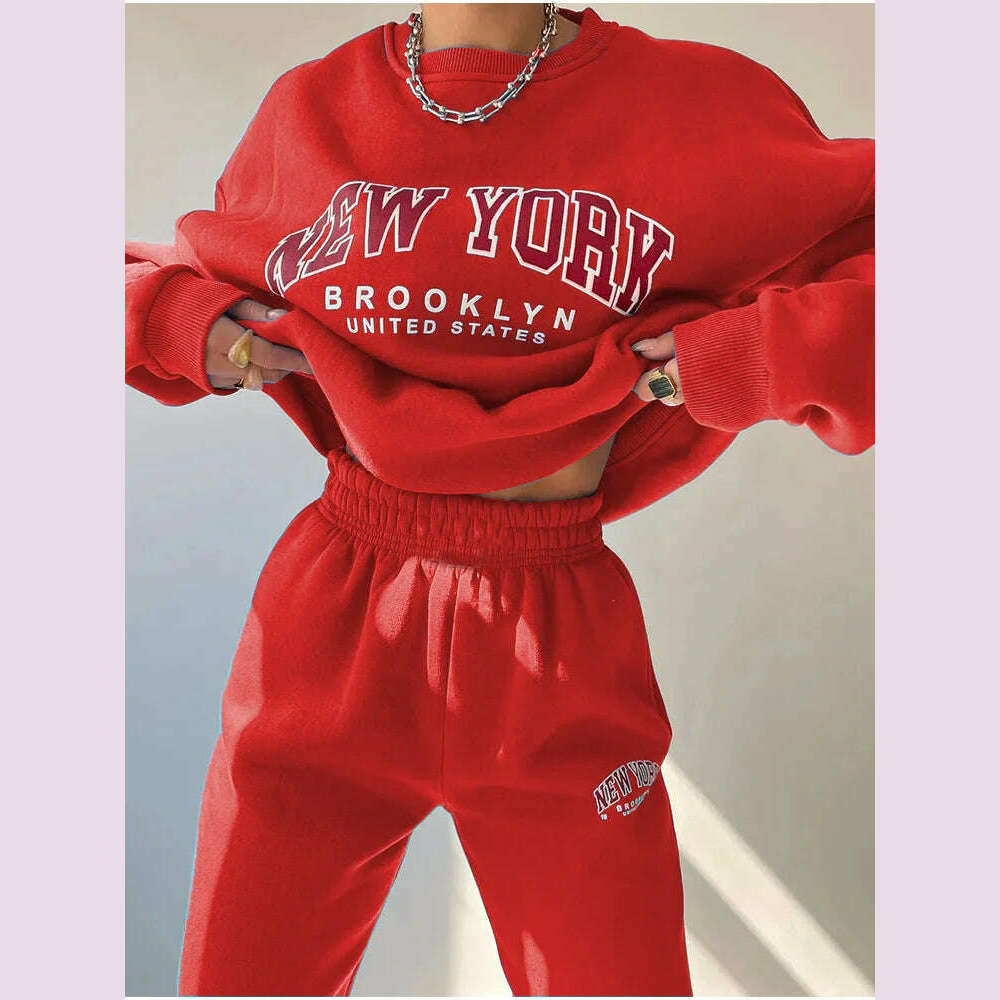 KIMLUD, Women Letter Print Tracksuit Loose Casual O-neck Long Sleeve Sweatshirt Pant Training Two Piece Set Female Oversized Trouser Set, Red / XXL, KIMLUD APPAREL - Womens Clothes