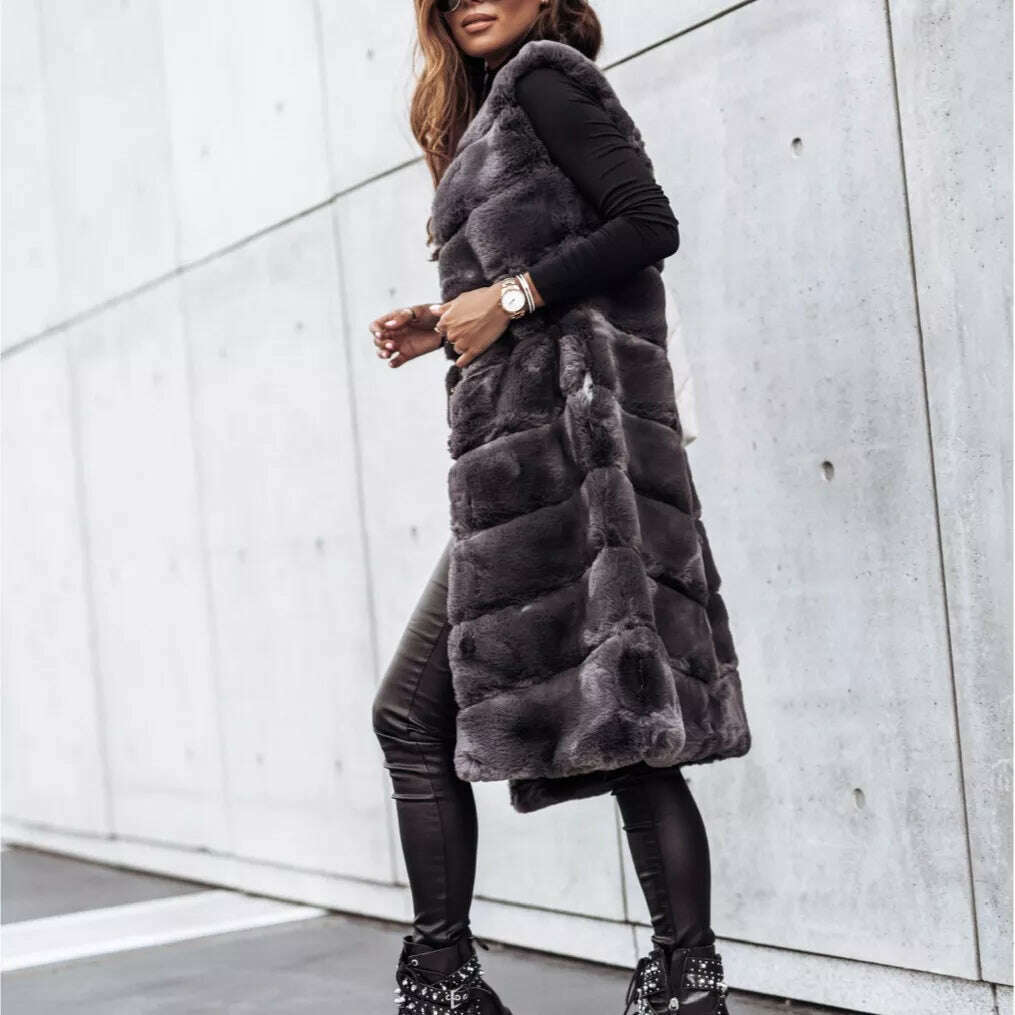 KIMLUD, Women Long Faux Fur Autumn Winter Long Round Neck Fur Vests Coat Overcoat Sleeveless High Waist Solid Color, KIMLUD Womens Clothes