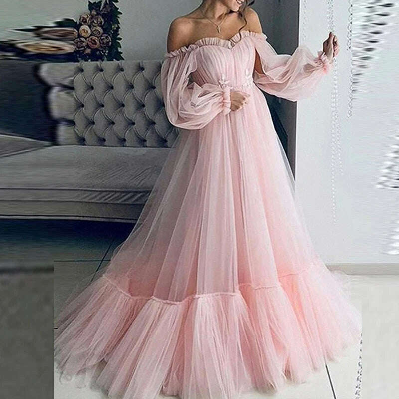 KIMLUD, Women Long Sleeve Big Hem Evening Dress Luxury Mesh Ruffles Princess Dresses Elegant Off Shoulder Banquet Solid Party Long Dress, KIMLUD Womens Clothes