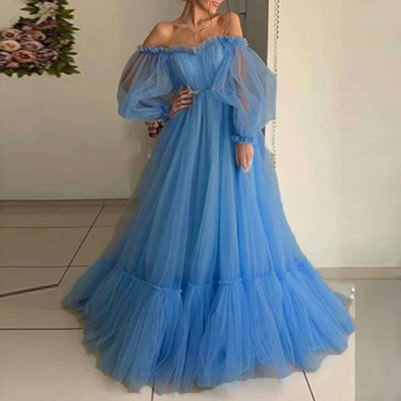 Women Long Sleeve Big Hem Evening Dress Luxury Mesh Ruffles Princess Dresses Elegant Off Shoulder Banquet Solid Party Long Dress - KIMLUD