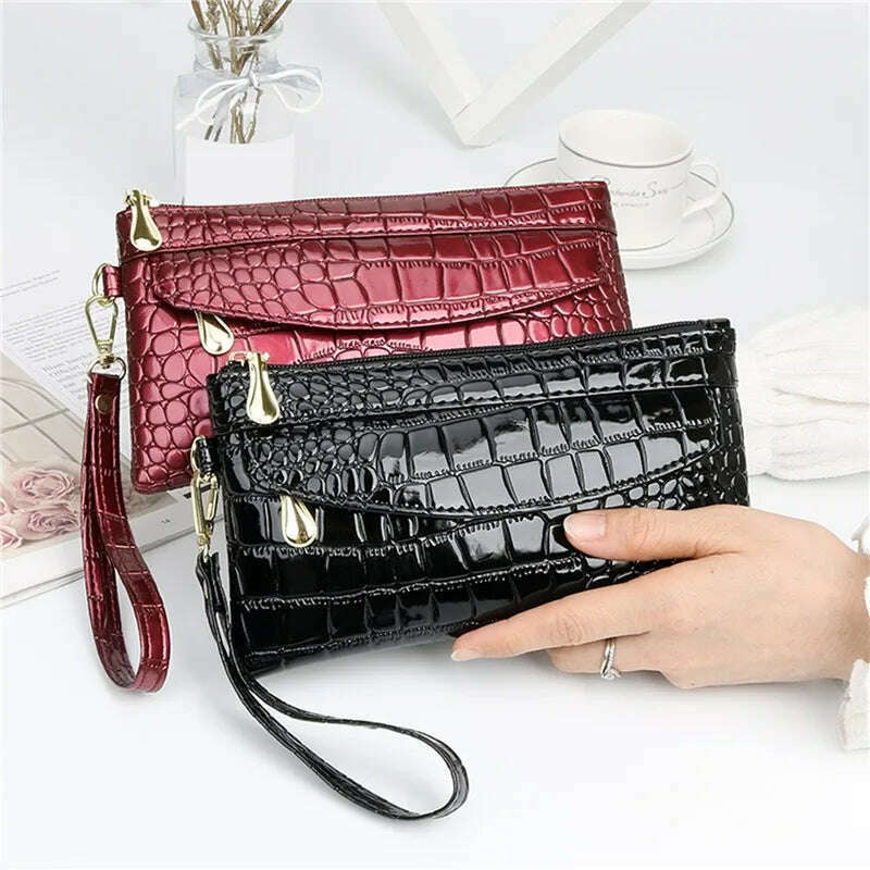 KIMLUD, Women Long Wallets Leather Ladies Double Zipper Wallet Clutch Bag Design Red Purse Bag Crocodile Purses, KIMLUD Womens Clothes