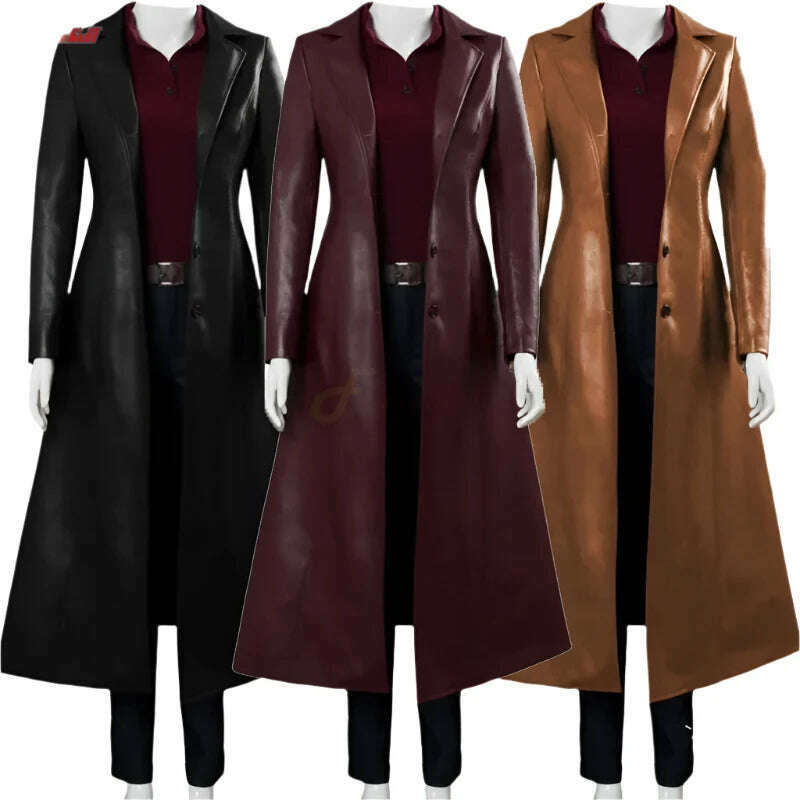 KIMLUD, Women luxury fashion medieval steampunk gothic long leather jackets vintage winter outerwear faux leather trench coat, KIMLUD Womens Clothes