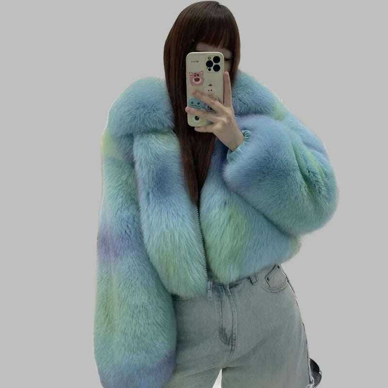 KIMLUD, Women Luxury Full Pelt Real Fox Fur Coat Lady Winter Fluffy Fur Jackets Turn Down Collar Top Quality Fox Fur Outerwear S3655, Lake Blue / Coat Bust 110cm, KIMLUD APPAREL - Womens Clothes