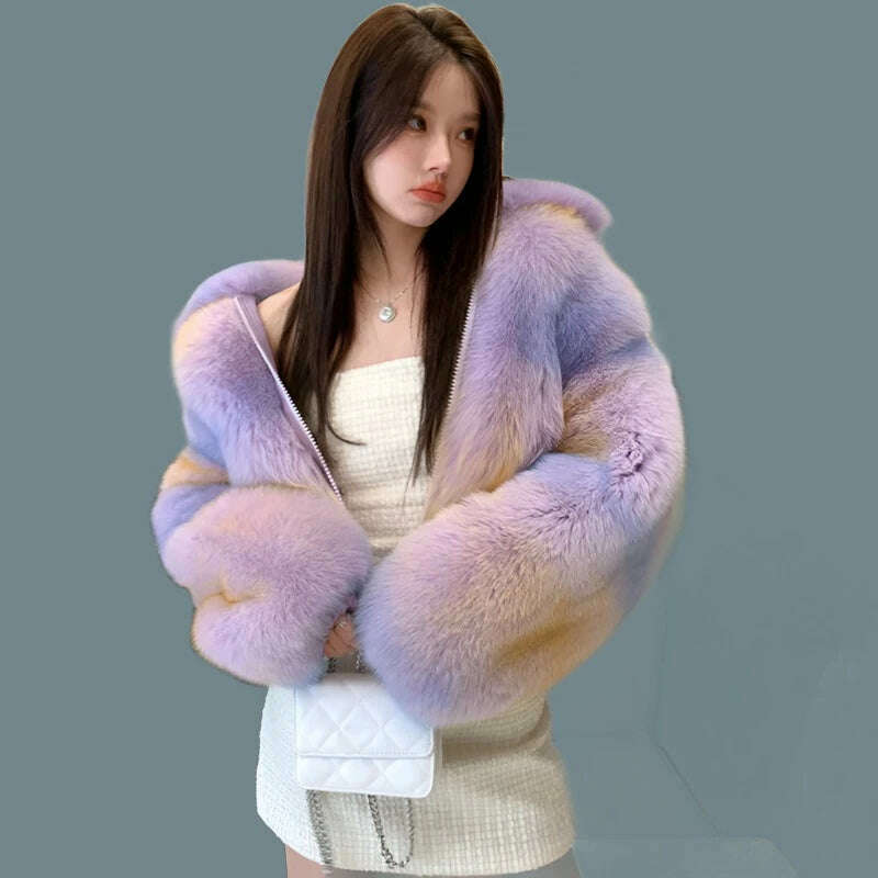 KIMLUD, Women Luxury Full Pelt Real Fox Fur Coat Lady Winter Fluffy Fur Jackets Turn Down Collar Top Quality Fox Fur Outerwear S3655, Purple / Coat Bust 110cm, KIMLUD APPAREL - Womens Clothes