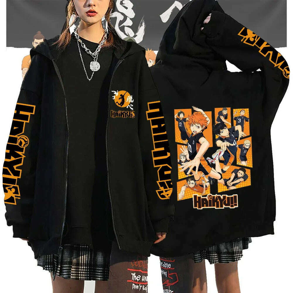 KIMLUD, Women Men Anime Hoodie Haikyuu Zip Up Jacket Karasuno High School Plus Size Sweatshirt Harajuku Unisex Autumn Warm Streetwear, KIMLUD Womens Clothes