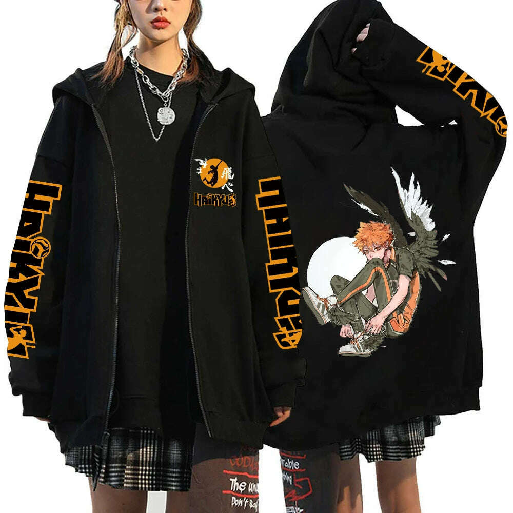 Women Men Anime Hoodie Haikyuu Zip Up Jacket Karasuno High School Plus Size Sweatshirt Harajuku Unisex Autumn Warm Streetwear - KIMLUD