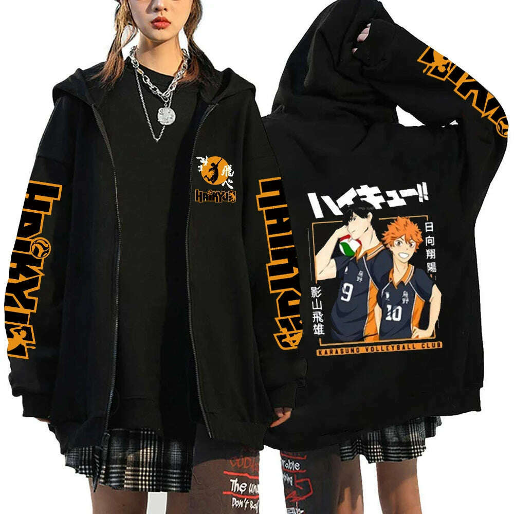 KIMLUD, Women Men Anime Hoodie Haikyuu Zip Up Jacket Karasuno High School Plus Size Sweatshirt Harajuku Unisex Autumn Warm Streetwear, KIMLUD Womens Clothes