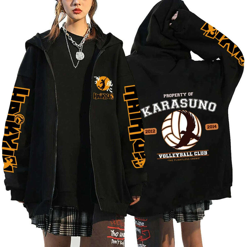 Women Men Anime Hoodie Haikyuu Zip Up Jacket Karasuno High School Plus Size Sweatshirt Harajuku Unisex Autumn Warm Streetwear - KIMLUD