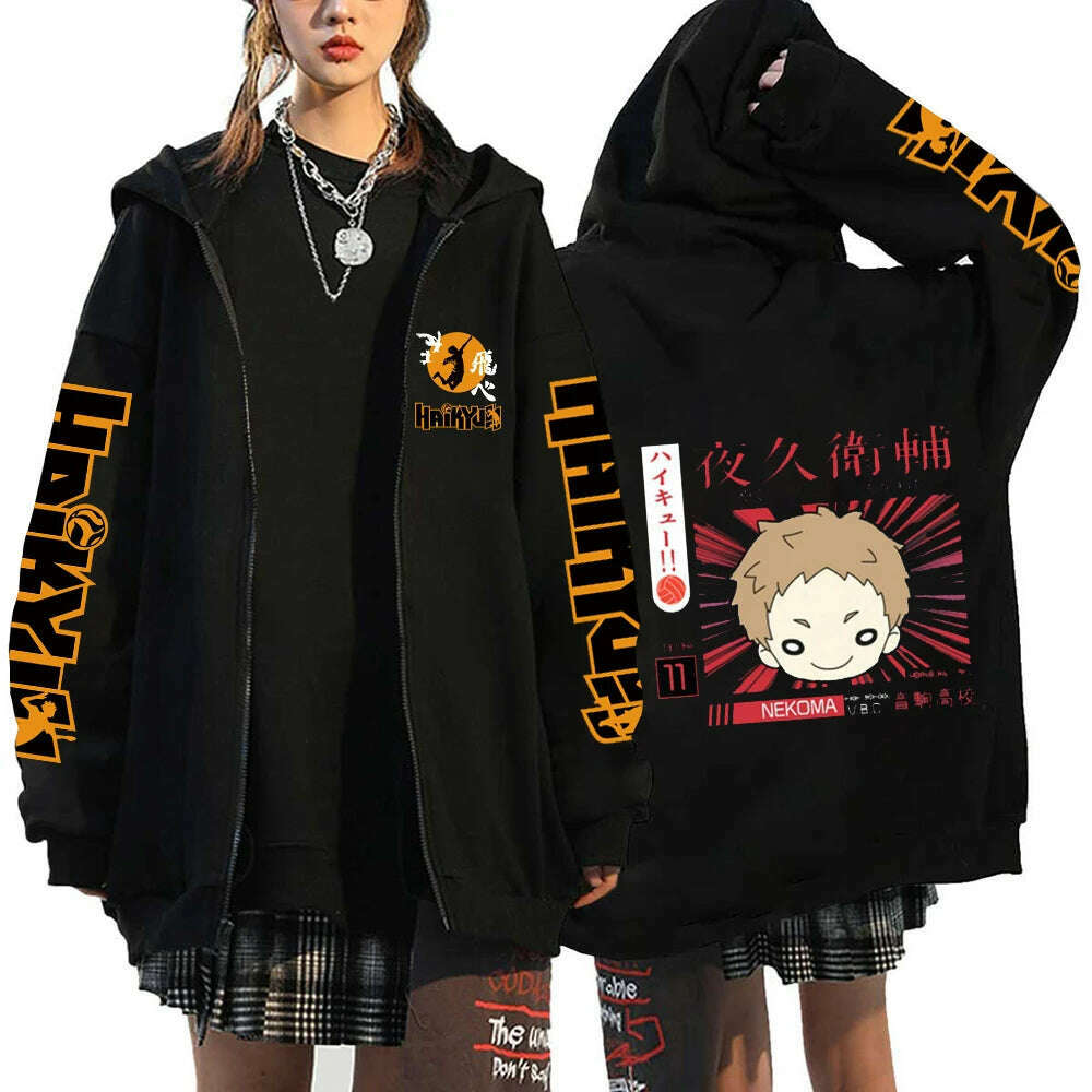 Women Men Anime Hoodie Haikyuu Zip Up Jacket Karasuno High School Plus Size Sweatshirt Harajuku Unisex Autumn Warm Streetwear - KIMLUD