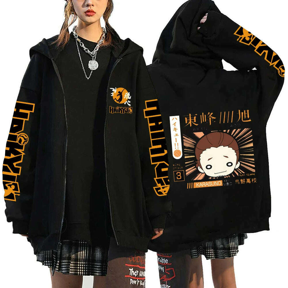 KIMLUD, Women Men Anime Hoodie Haikyuu Zip Up Jacket Karasuno High School Plus Size Sweatshirt Harajuku Unisex Autumn Warm Streetwear, Black20 / XXXL, KIMLUD APPAREL - Womens Clothes