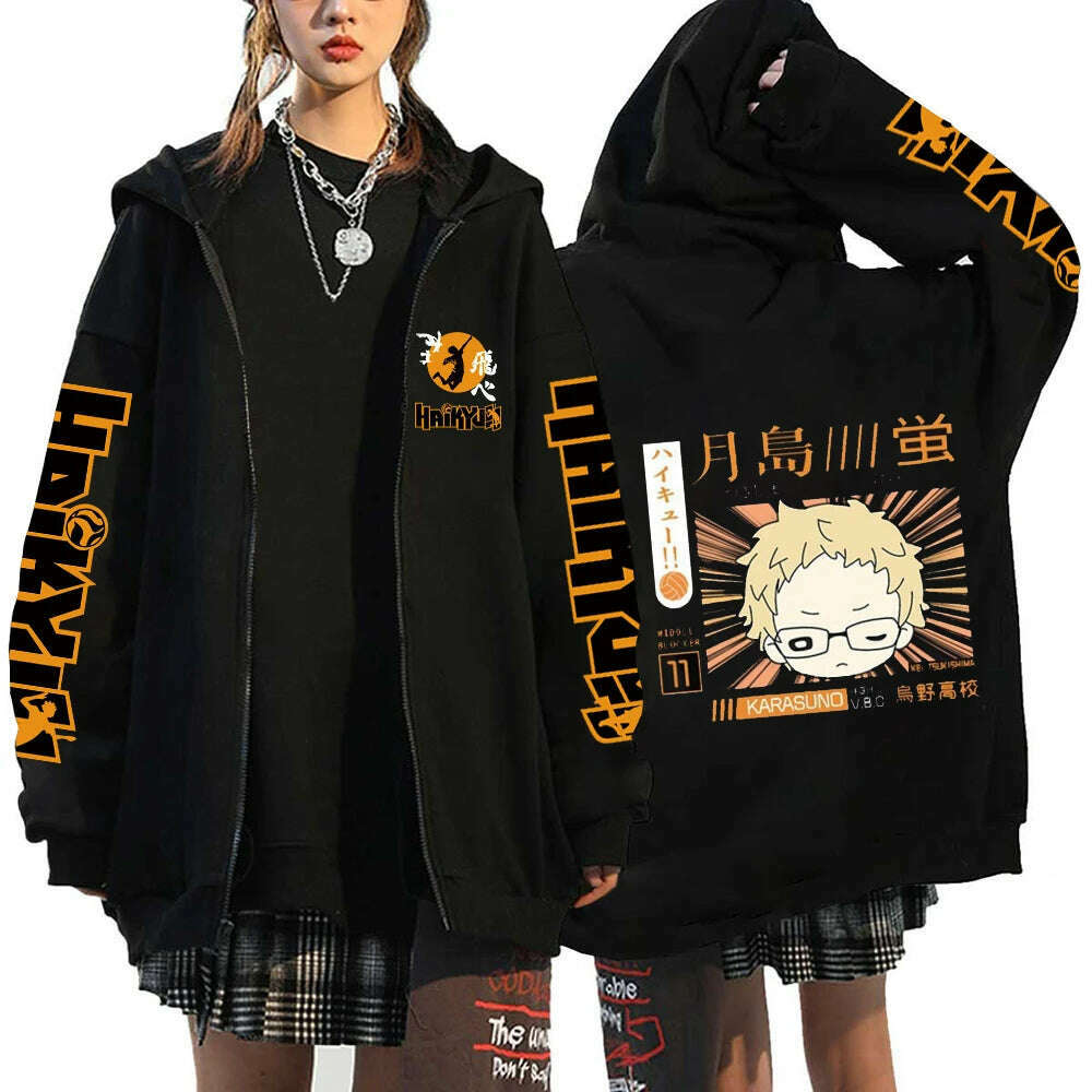 Women Men Anime Hoodie Haikyuu Zip Up Jacket Karasuno High School Plus Size Sweatshirt Harajuku Unisex Autumn Warm Streetwear - KIMLUD