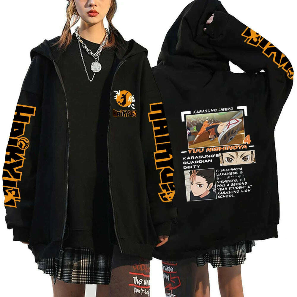 KIMLUD, Women Men Anime Hoodie Haikyuu Zip Up Jacket Karasuno High School Plus Size Sweatshirt Harajuku Unisex Autumn Warm Streetwear, Black17 / XXL, KIMLUD APPAREL - Womens Clothes