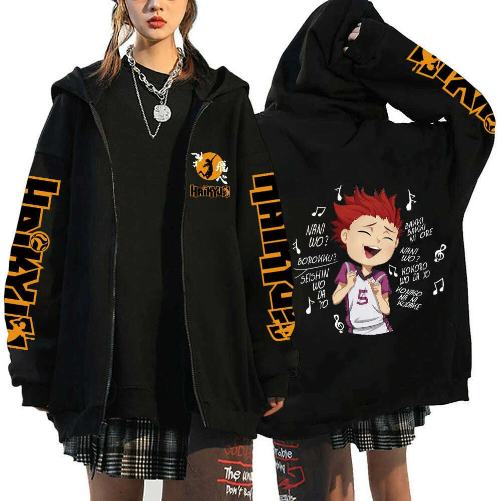 Women Men Anime Hoodie Haikyuu Zip Up Jacket Karasuno High School Plus Size Sweatshirt Harajuku Unisex Autumn Warm Streetwear - KIMLUD