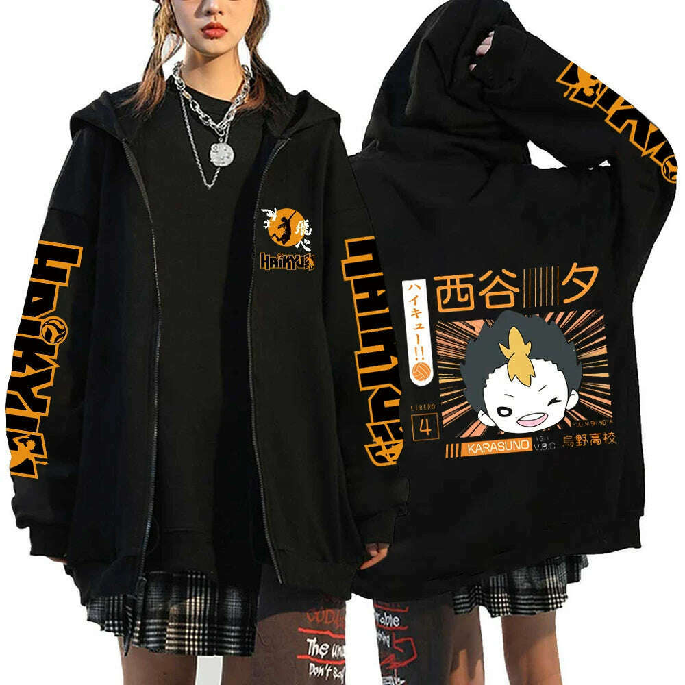 Women Men Anime Hoodie Haikyuu Zip Up Jacket Karasuno High School Plus Size Sweatshirt Harajuku Unisex Autumn Warm Streetwear - KIMLUD