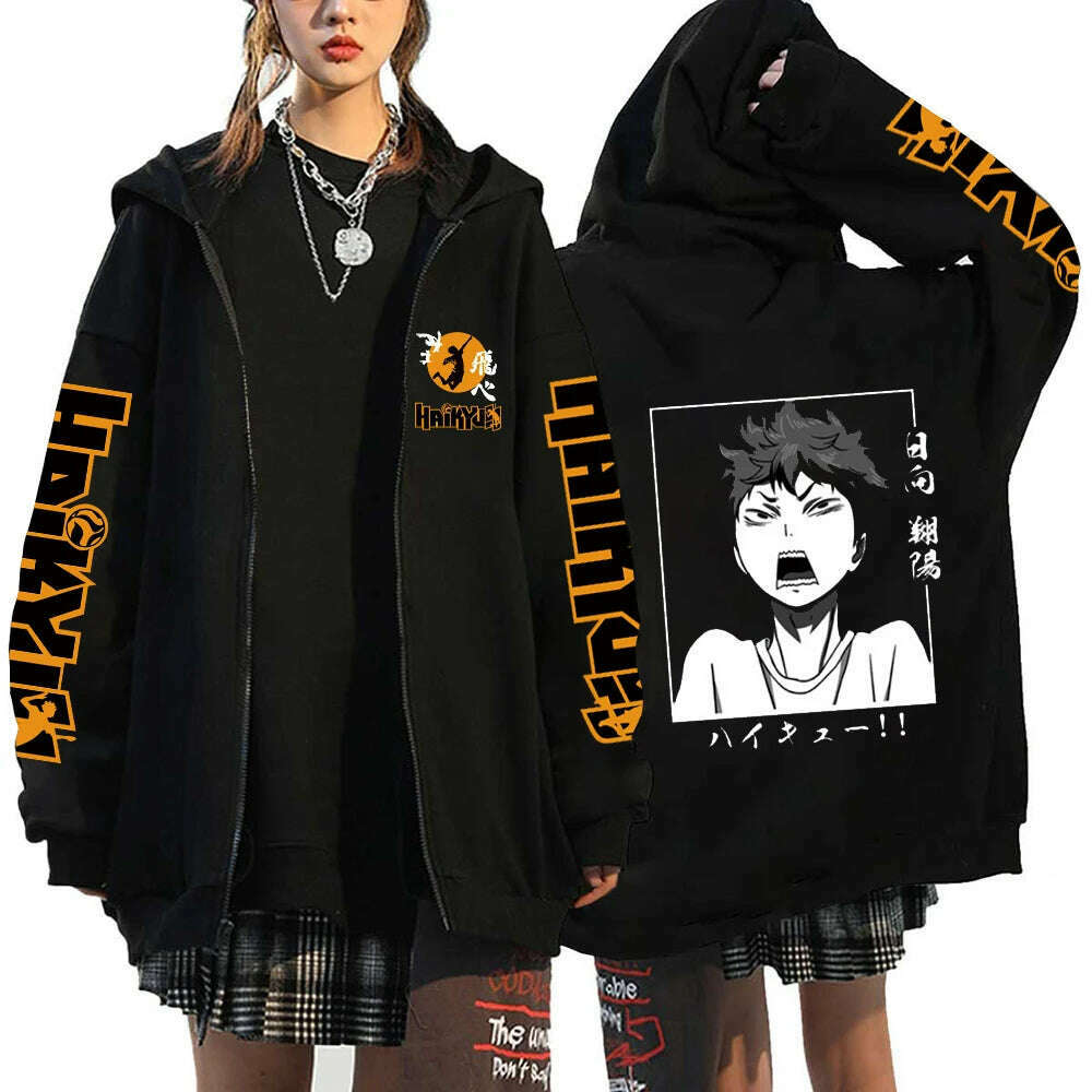 KIMLUD, Women Men Anime Hoodie Haikyuu Zip Up Jacket Karasuno High School Plus Size Sweatshirt Harajuku Unisex Autumn Warm Streetwear, Black14 / XL, KIMLUD APPAREL - Womens Clothes