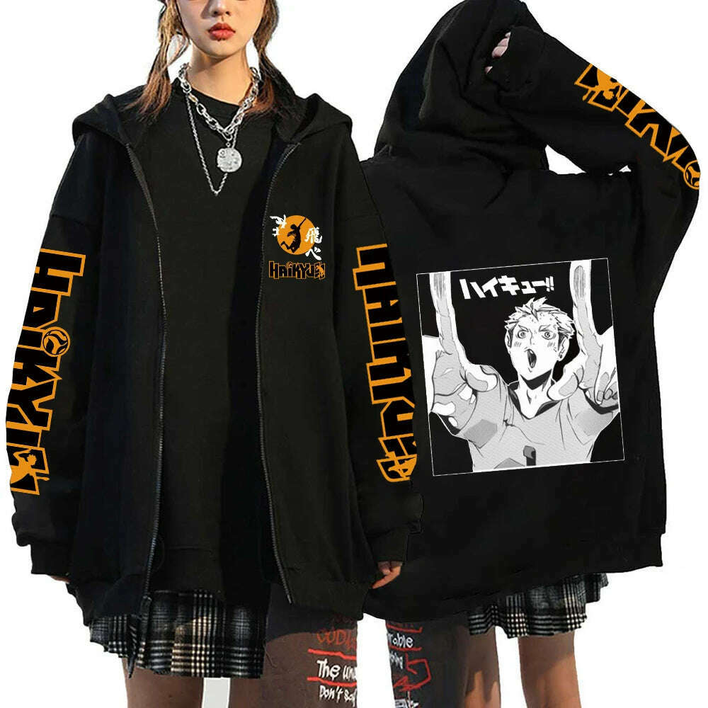 Women Men Anime Hoodie Haikyuu Zip Up Jacket Karasuno High School Plus Size Sweatshirt Harajuku Unisex Autumn Warm Streetwear - KIMLUD