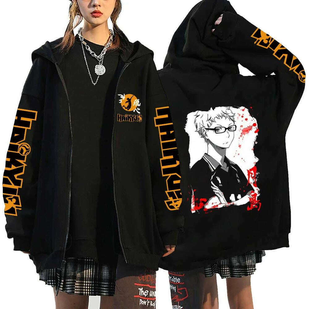 Women Men Anime Hoodie Haikyuu Zip Up Jacket Karasuno High School Plus Size Sweatshirt Harajuku Unisex Autumn Warm Streetwear - KIMLUD