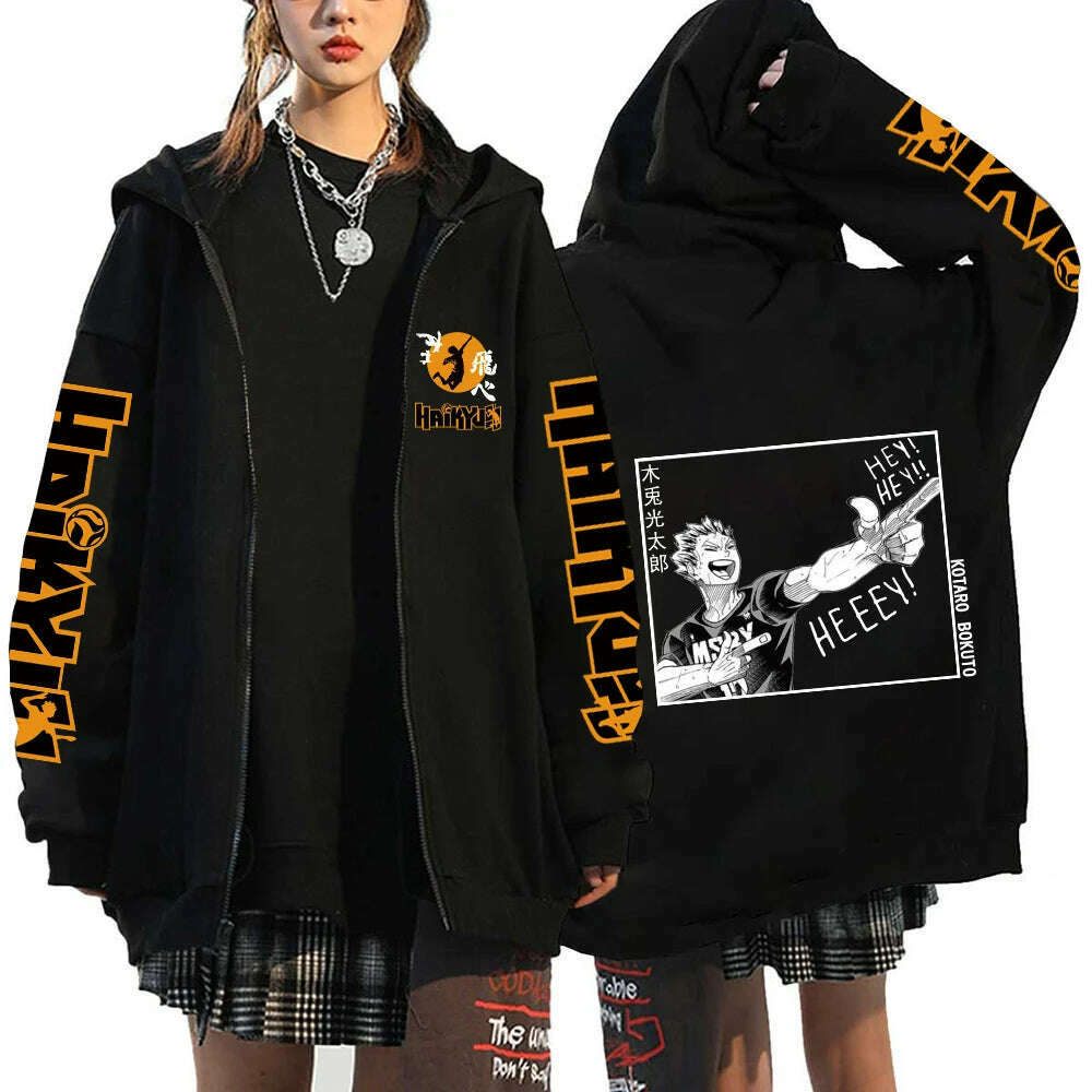 Women Men Anime Hoodie Haikyuu Zip Up Jacket Karasuno High School Plus Size Sweatshirt Harajuku Unisex Autumn Warm Streetwear - KIMLUD