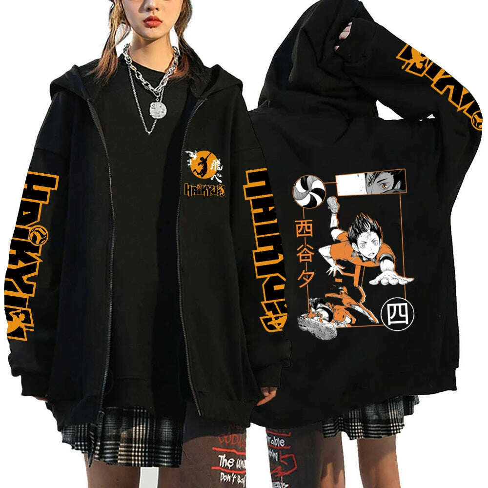 KIMLUD, Women Men Anime Hoodie Haikyuu Zip Up Jacket Karasuno High School Plus Size Sweatshirt Harajuku Unisex Autumn Warm Streetwear, Black8 / L, KIMLUD APPAREL - Womens Clothes