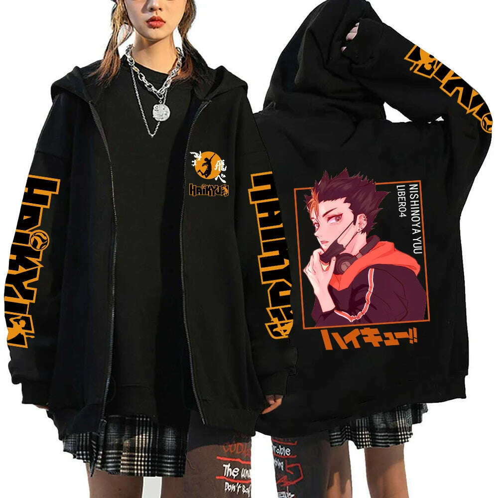 Women Men Anime Hoodie Haikyuu Zip Up Jacket Karasuno High School Plus Size Sweatshirt Harajuku Unisex Autumn Warm Streetwear - KIMLUD