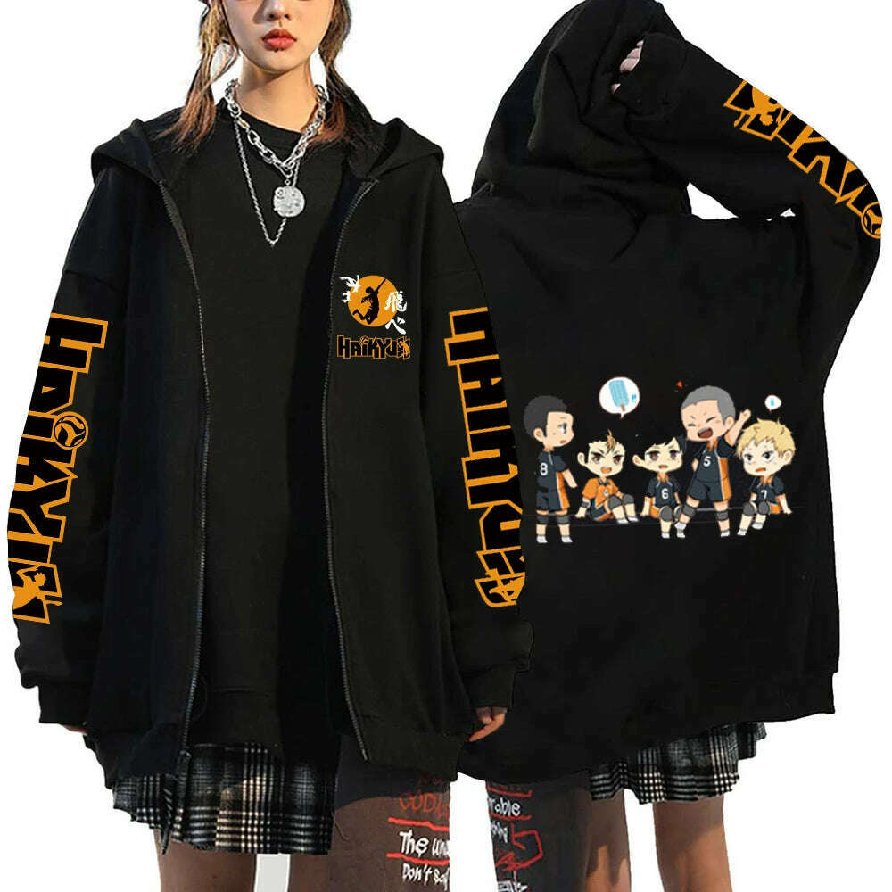 KIMLUD, Women Men Anime Hoodie Haikyuu Zip Up Jacket Karasuno High School Plus Size Sweatshirt Harajuku Unisex Autumn Warm Streetwear, Black5 / L, KIMLUD APPAREL - Womens Clothes