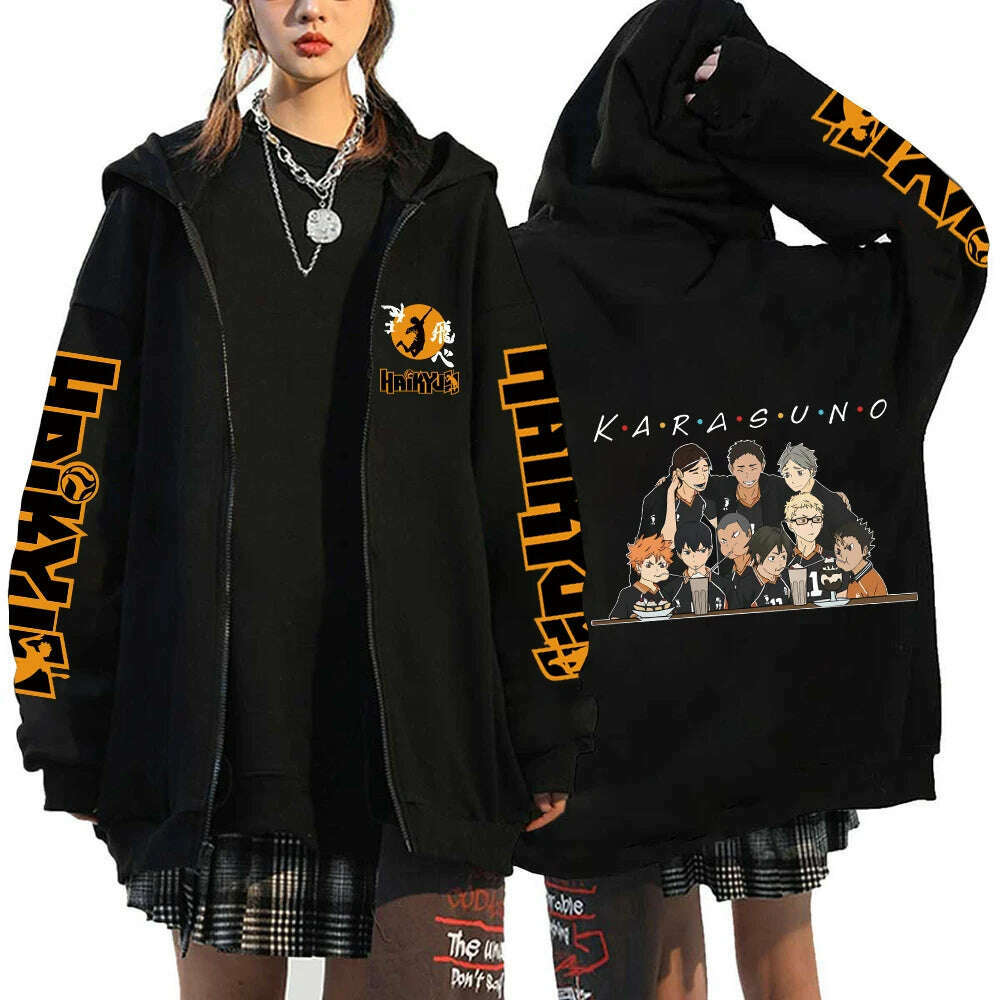 KIMLUD, Women Men Anime Hoodie Haikyuu Zip Up Jacket Karasuno High School Plus Size Sweatshirt Harajuku Unisex Autumn Warm Streetwear, Black6 / L, KIMLUD APPAREL - Womens Clothes