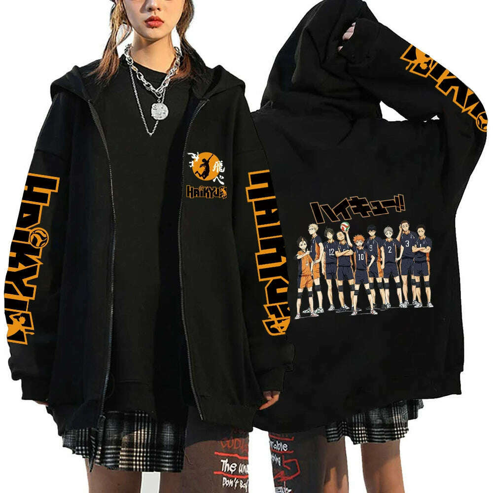 Women Men Anime Hoodie Haikyuu Zip Up Jacket Karasuno High School Plus Size Sweatshirt Harajuku Unisex Autumn Warm Streetwear - KIMLUD