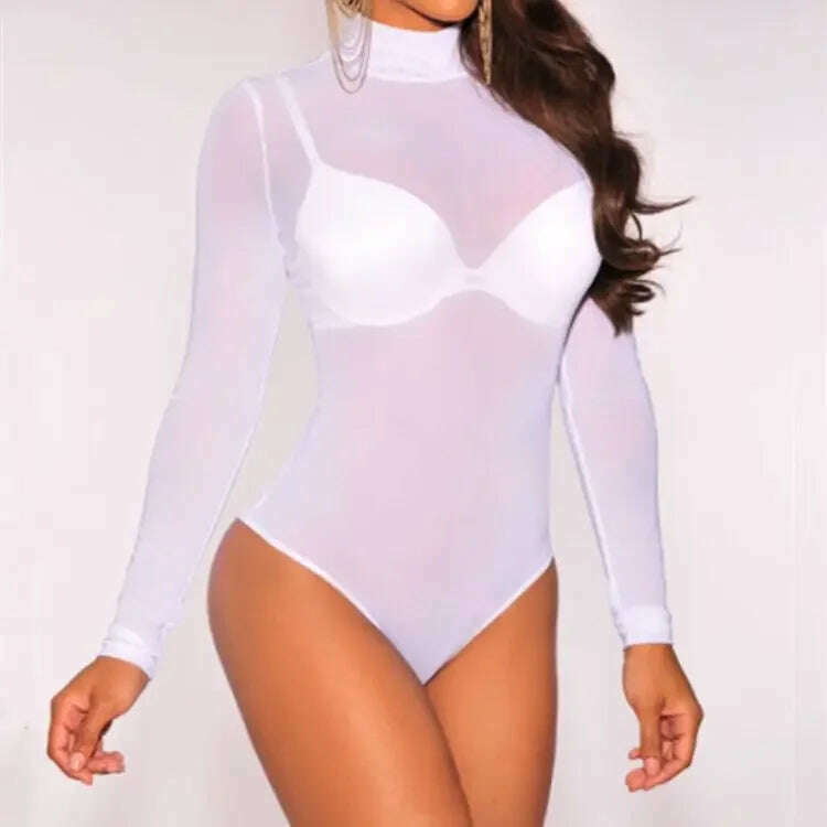 Women Mesh Bodysuits Summer Fall Long Sleeve Mock Neck Bodycon Body Top See Through Vintage Sexy Clubwear - KIMLUD