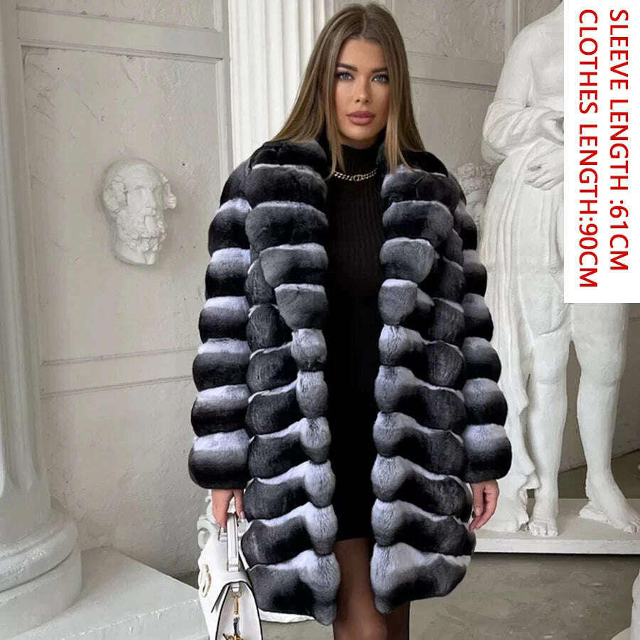 KIMLUD, Women Natural Rex Rabbit Fur Coat With Fur Collar Warm Winter Jacket Women Warm Chinchilla Fur Jacket Real Fur Coat New, 2 / XS-BUST-90CM, KIMLUD APPAREL - Womens Clothes