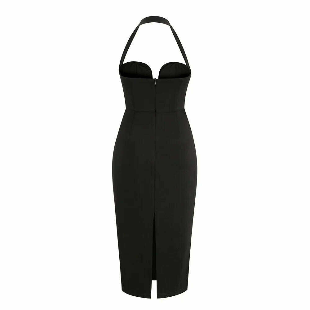 KIMLUD, Women New Summer Backless Halter Midi Bandage Dress Sleeveless Black Deep V Neck Bodycon Sexy Elegant Evening Nightclub Party Dr, KIMLUD Womens Clothes